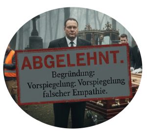 Düster-atmosphärisches Bannerbild des Wiener Zentralfriedhofs im Nebel mit historischen Grabmälern und einem roten ‚ABGELEHNT‘-Stempel – Thema: Satire und Grant gegen Selbstoptimierung.